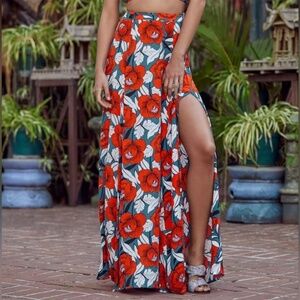 Lulu's Floral Maxi Skirt in Red and Blue